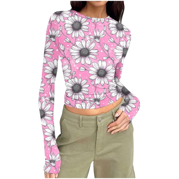 T-Shirts for Women Casual Floral Printed Crewneck Long Sleeve Basic Going Out Slim Lightweight Crop Tops Pink M
