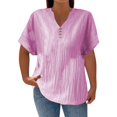 thumbnail image 1 of T Shirts for Women Casual Solid Color Button V Neck Plus Size Short Sleeve Tee Summer Tops, 1 of 5