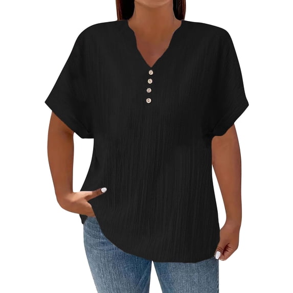 T Shirts for Women Casual Solid Color Button V Neck Plus Size Short Sleeve Tee Summer Tops
