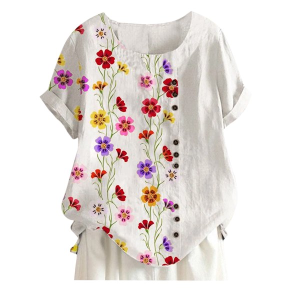 T Shirts for Women Casual Tops Cotton Linen Loose Fit Print Short Sleeve Plus Size Button Tuned Tee Shirt Top