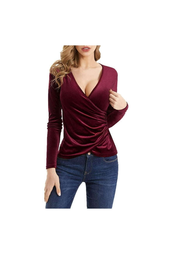 T Shirts for Women Casual Tops Deep V Neck Long Sleeve Velvet Unique Cross Wrap Slim Fit Tee Shirt Top