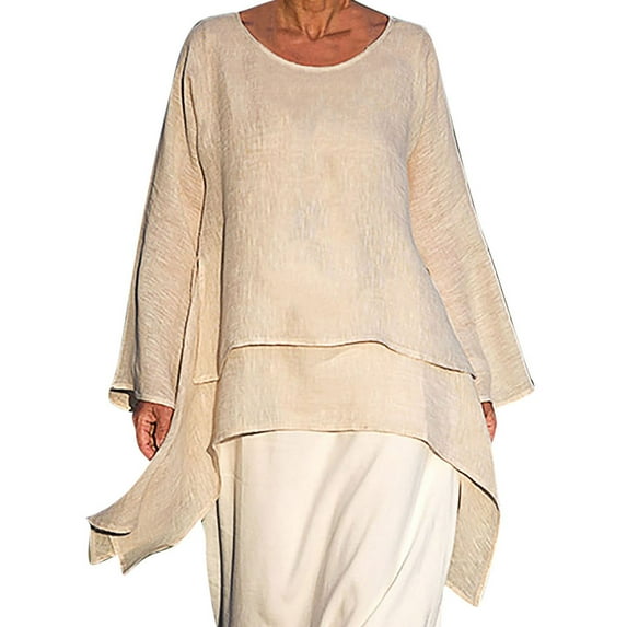 T Shirts for Women Casual Tops Plus Size Irregular Linen Long Sleeve Crew Neck Blouse Tee Shirt Top