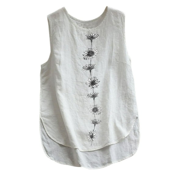 T Shirts for Women Casual Tops Round Neck Vintage Tanks Daisy Print Summer Sleeveless Blouse Cotton Linen Female Loose Vests Robe Tee Shirt Top