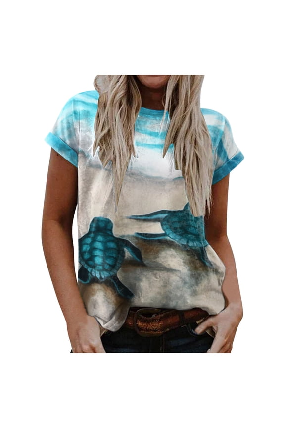 T Shirts for Women Casual Tops Sea Turtle Printed Short Sleeve Loose Beach Fit Tee Shirt Top