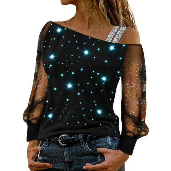 T Shirts for Women Casual Tops Sequin Print Mesh Long Sleeve Cold Shoulder Loose Splice Blouse Tee Shirt Top