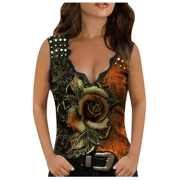 T Shirts for Women Casual Tops Summer Floral Multicolor Rose Print Sleeveless Tank Vest Tee Shirt Top