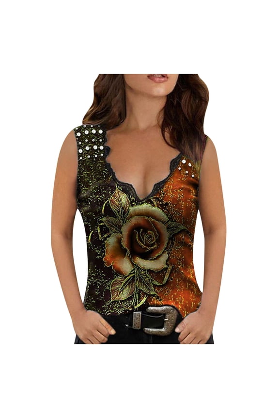 T Shirts for Women Casual Tops Summer Floral Multicolor Rose Print Sleeveless Tank Vest Tee Shirt Top
