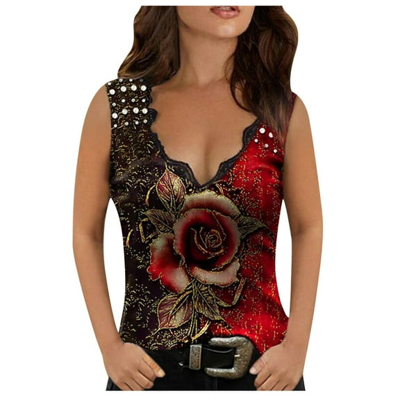 T Shirts for Women Casual Tops Summer Floral Multicolor Rose Print Sleeveless Tank Vest Tee Shirt Top