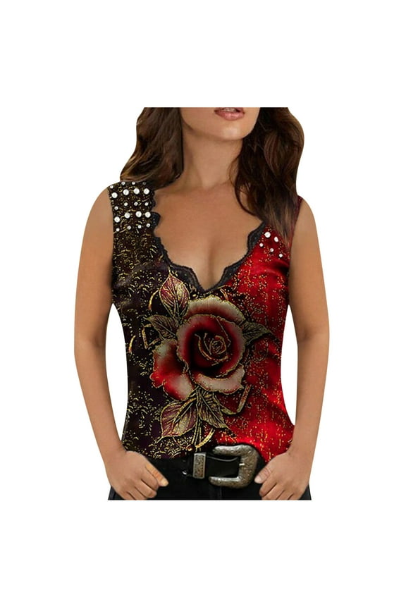 T Shirts for Women Casual Tops Summer Floral Multicolor Rose Print Sleeveless Tank Vest Tee Shirt Top