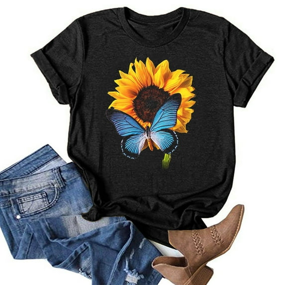 T Shirts for Women Casual Tops Sunflower Butterfly Print Round Neck Short Sleeve Tee Shirt Top