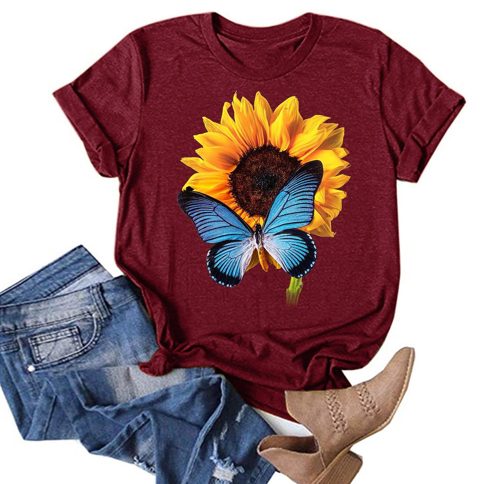 T Shirts for Women Casual Tops Sunflower Butterfly Print Round Neck 