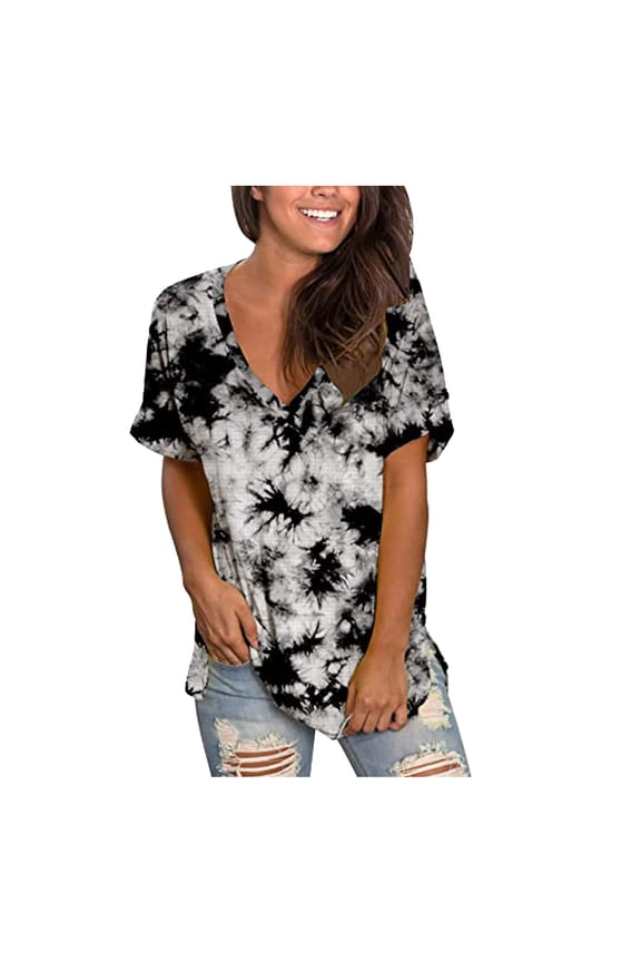 T Shirts for Women Casual Tops V-neck Tie-dye Short Sleeved Pullover Tee Shirt Top