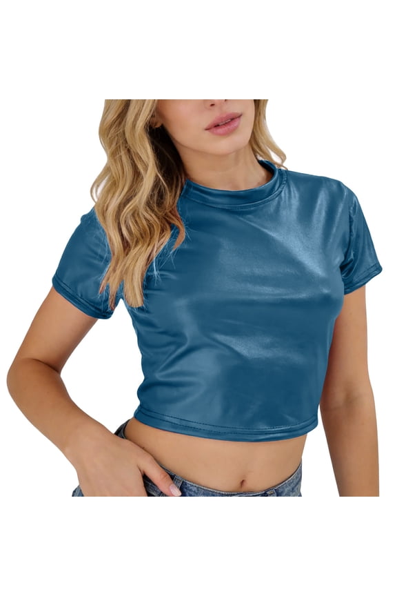 T Shirts for Women Chic Sexy Slim Fit Leather Short Sleeve Cropped Tee Summer Tops