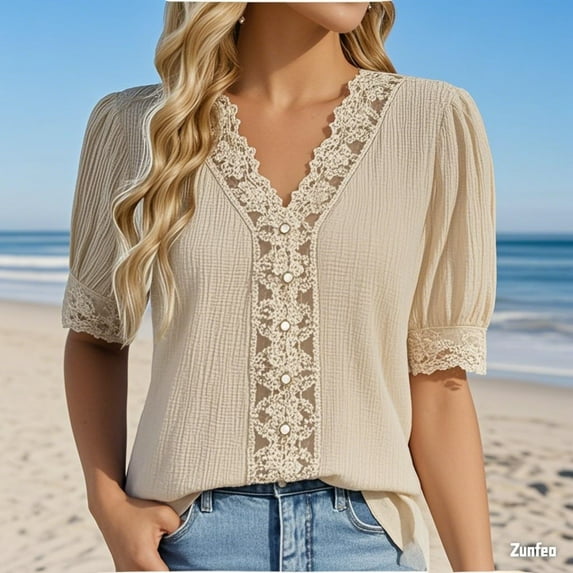 Zunfeo T Shirts for Women Casual Floral 3/4 Sleeve Tunic Tops Summer Spring Blouse Beige M
