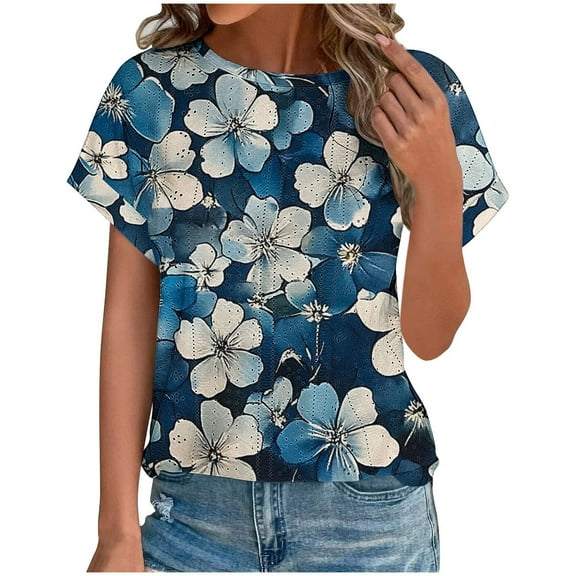 T Shirts for Women Ladies' Fashionable Printed Round Neck Curved Hem Short Sleeved