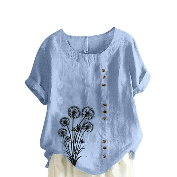 T Shirts for Women Women Casual and Linen Round-Neck Printed Short Sleeve Button T-Shirt Blouse