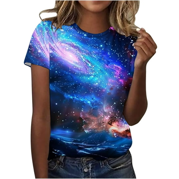 T Shirts for Women Women's Casual Round Neck Sky Printed Short Sleeved Top
