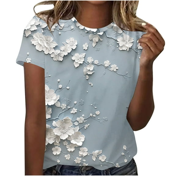 T Shirts for Women Women's Casual and Fashionable Printed Round Neck Short Sleeved T-Shirt Top