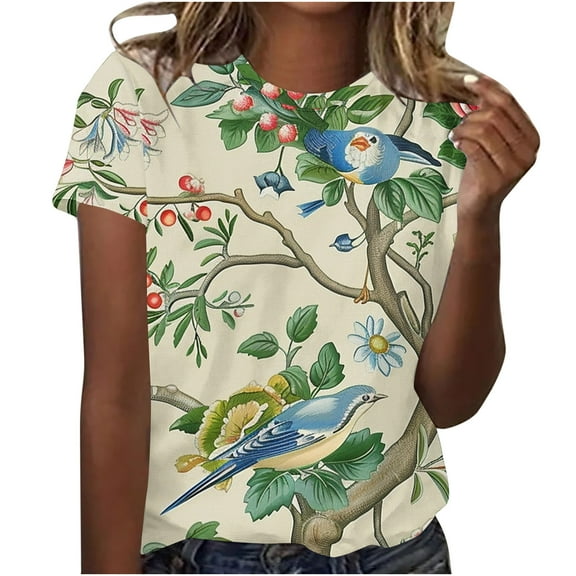 T Shirts for Women Women's Casual and Fashionable Printed Round Neck Short Sleeved T-Shirt Top