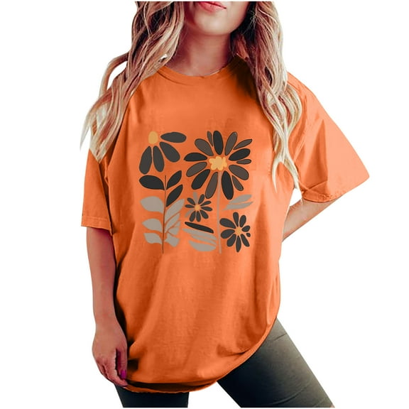 T Shirts for Women Women's Fashion Summer Round Neck Drop Sleeves Short Sleeve Flower Printing