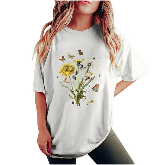 T Shirts for Women Women's Fashion Summer Round Neck Drop Sleeves Short Sleeve Flower Printing