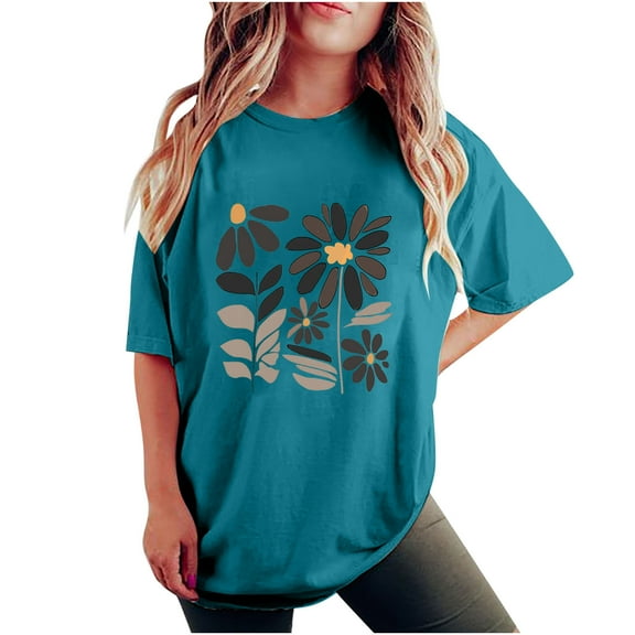 T Shirts for Women Women's Fashion Summer Round Neck Drop Sleeves Short Sleeve Flower Printing