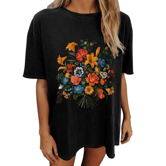 T Shirts for Women Women's Floral Pattern Short Sleeved Round Neck Drop Shoulder Sleeve T-Shirt Top