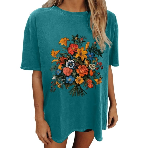 T Shirts for Women Women's Floral Pattern Short Sleeved Round Neck Drop Shoulder Sleeve T-Shirt Top