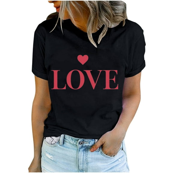 T Shirts for Women Women's Lover Printed T-Shirt Round Neck Short Sleeved Top