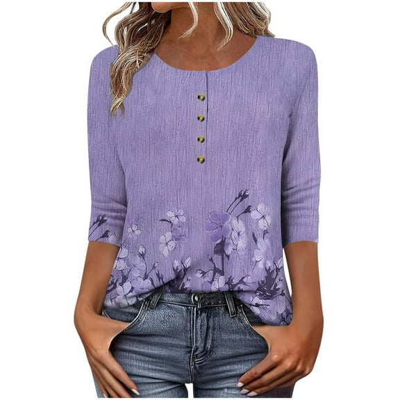 T Shirts for Women Women's Printed Button 3/4 Sleeve T-Shirt Comfortable and Casual Loose