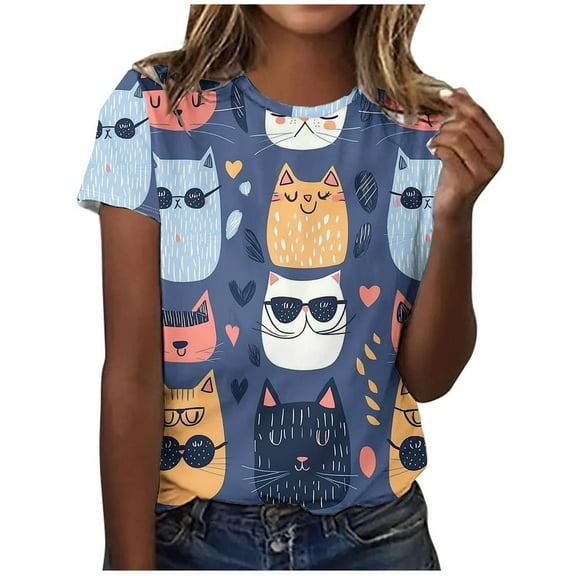 T Shirts for Women Women's Summer Casual Fashion Printed T-Shirt Crewneck Short-Sleeved