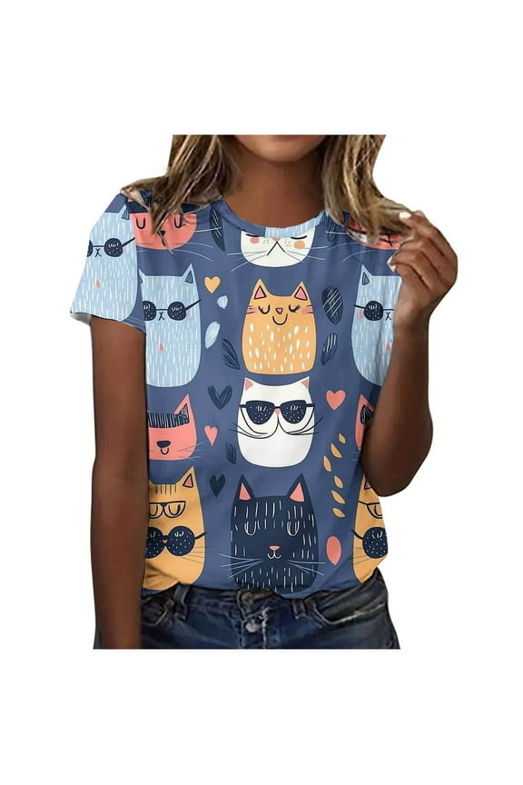 T Shirts for Women Women's Summer Casual Fashion Printed T-Shirt Crewneck Short-Sleeved