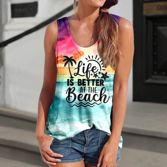T Shirts for Women Coconut Tree Print Crew Neck Sleeveless Loose Fit Racerback Tank Tops for Summer Wear Womens Graphic Tees Multicolour L