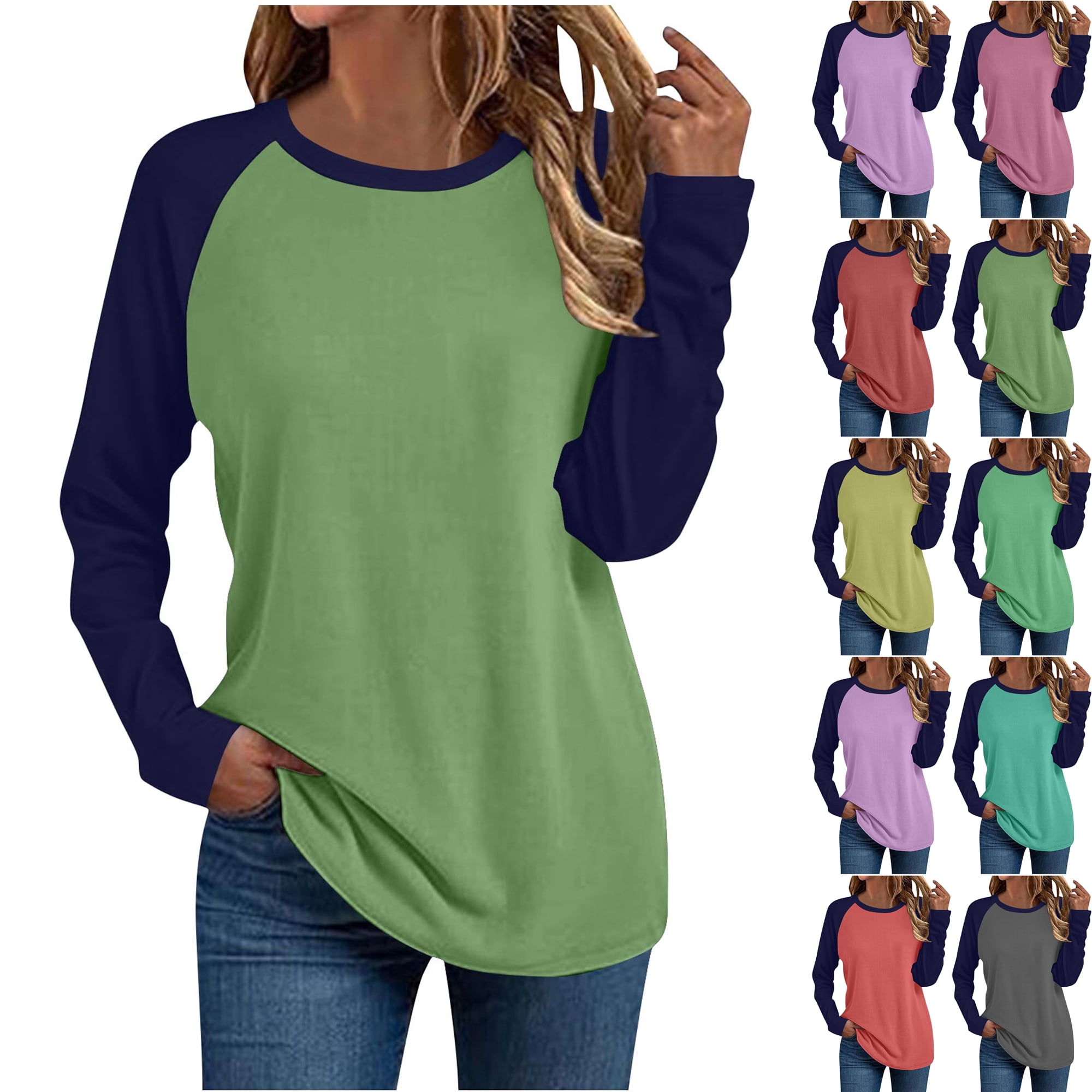 T-Shirts for Women Color Block Baseball Tee Long Sleeve Raglan Shirt with Round Neck