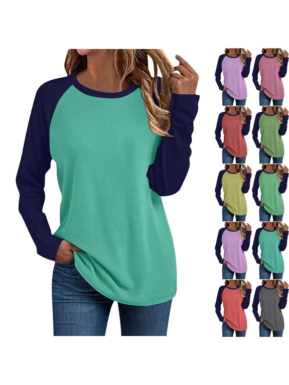 T-Shirts for Women Color Block Baseball Tee Long Sleeve Raglan Shirt with Round Neck