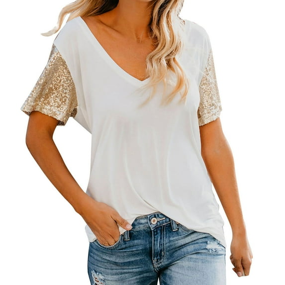 T Shirts for Women Color Block Tops V Neck Tunic Tops Summer Casual Loose Tee Short Sleeve Blouses