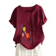 thumbnail image 1 of T Shirts for Women Cotton And Linen Loose Fit Casual Floral Print Short Sleeve Button Up Top Blouse T-Shirt Tops Wine Red XL, 1 of 4