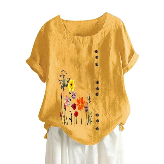 T Shirts for Women Cotton And Linen Loose Fit Casual Floral Print Short Sleeve Button Up Top Blouse T-Shirt Tops Yellow 4XL