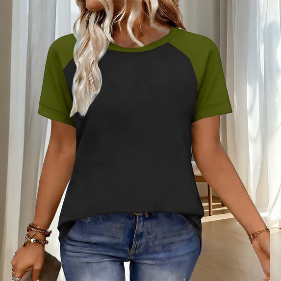 T Shirts for Women Crewneck Raglan Color Block Short Sleeve Tops Summer Daily Casual Womens Basic Tee S-2XL