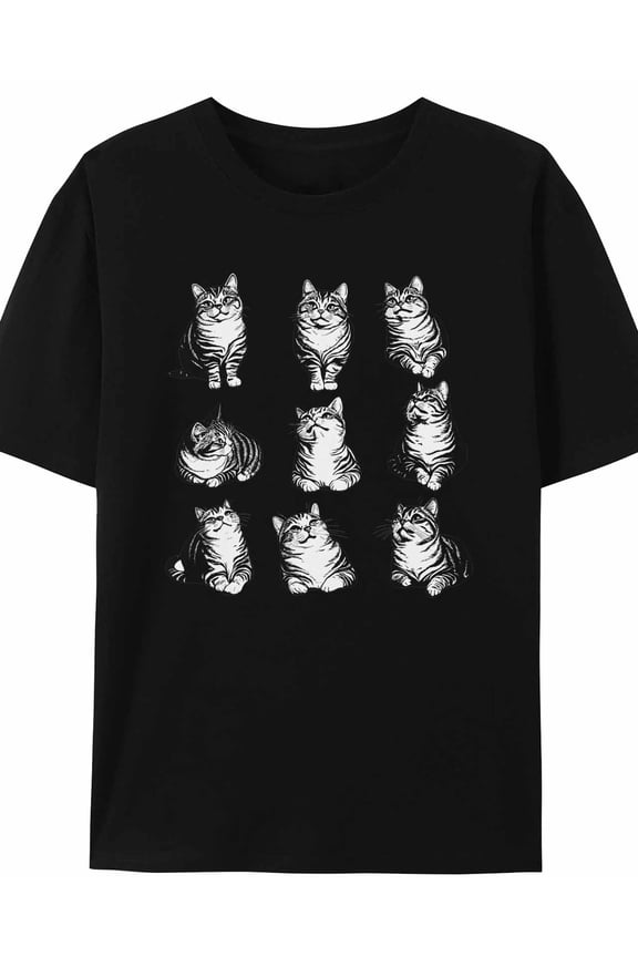 T-Shirts for Women, Cute Grey Cat Cotton Crew Neck Oversized T-Shirt Casual Women's Short Sleeve Animal Focus