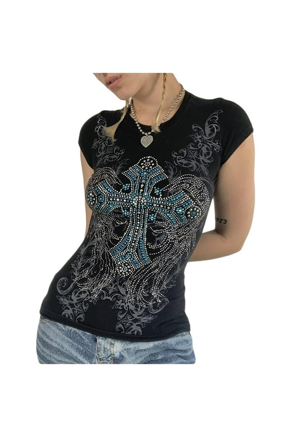 T Shirts for Women Fairy Grunge Clothes Cross Wings Print Short Sleeve Tops 2000s Tees