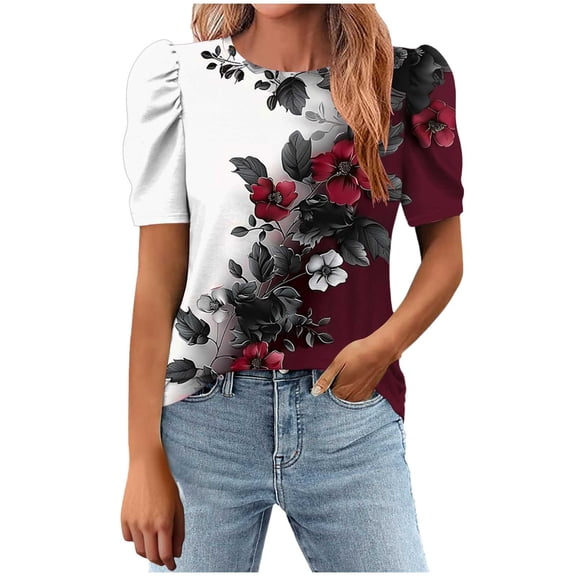 T-Shirts for Women Fashion Print Shirts Loose Round Neck Puff Sleeves Blouse Womens Casual Short Sleeve Blouses Pullover Tops