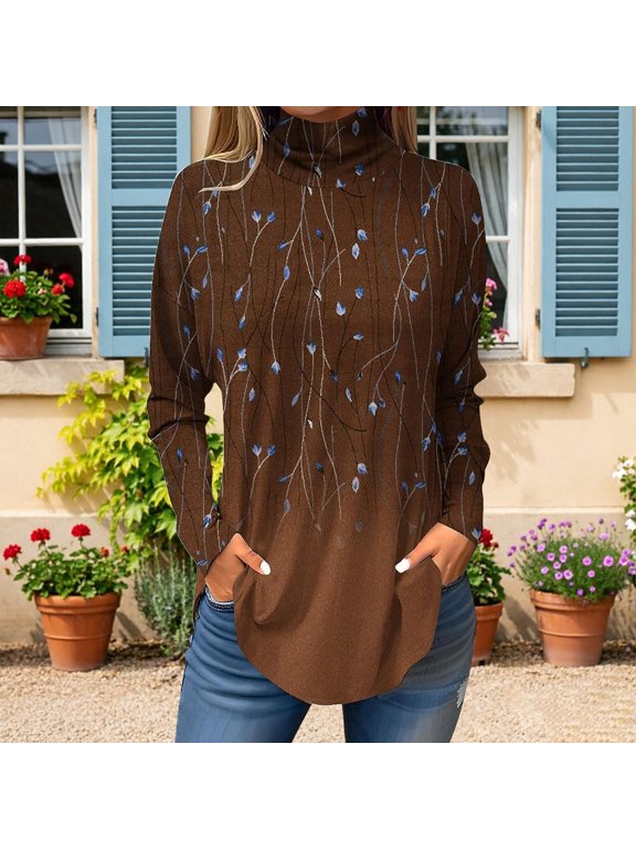 T Shirts for Women Floral Print Arc Shaped Top with High Neck Long Sleeve Trendy Casual Womens Graphic Tees Coffee L