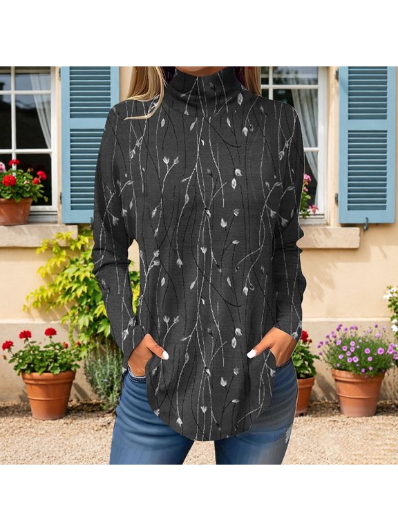 T Shirts for Women Floral Print High Neck Top with An Arc Shaped Long Sleeve Loose Casual Womens Graphic Tees Black M