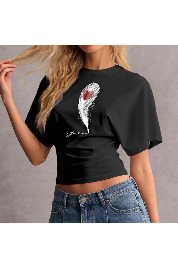 T Shirts for Women Graphic Midriff-Baring Slim Fit Waist-Defined Custom Print Crew Neck Short Sleeve Crop Tops for Summer Wear Womens Tees Black XXL