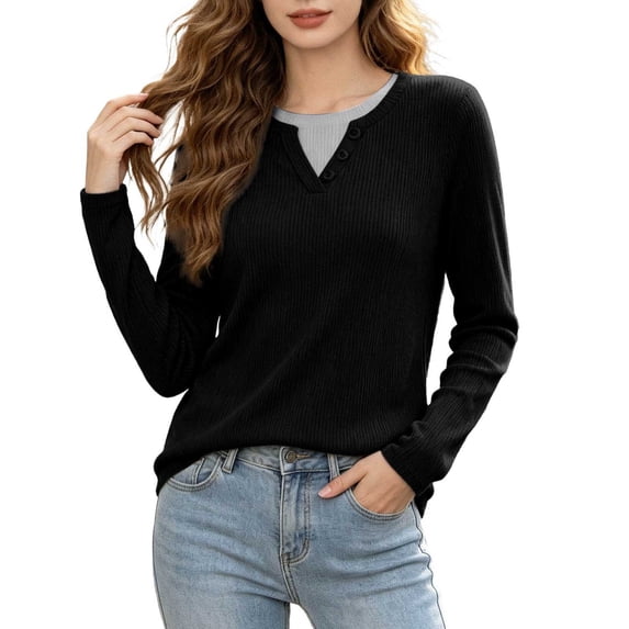 T Shirts for Women Graphic Ribbed Loose Patchwork Print Long Sleeve Crew Neck Top Outdoor Wear Tees for Women M