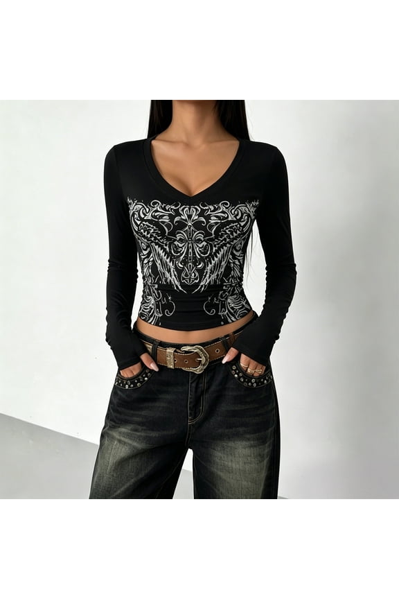 T Shirts for Women Graphic Slim Fit Y2K Custom Print V Neck Long Sleeve Crop Tops for Casual Wear Graphic Tees Women Black XXL