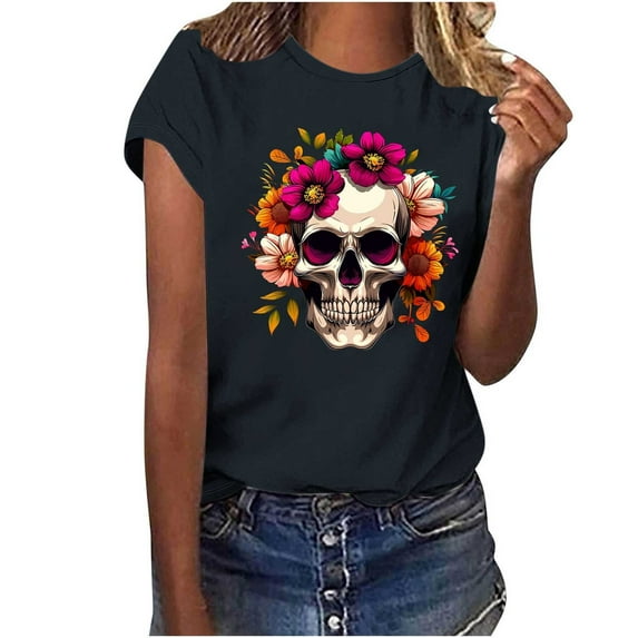 T-Shirts for Women Graphic Tees Skull Flowers Halloween Shirts Cotton Short Sleeve Summer Tops