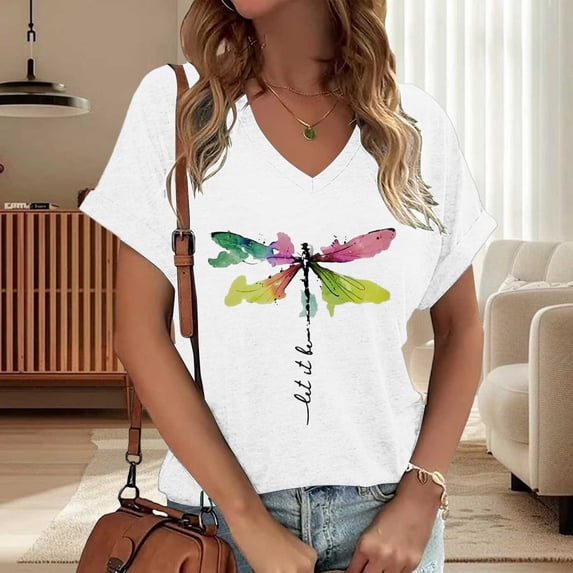 T Shirts for Women Graphic V Neck Dragonfly Print Short Sleeve Tops Outdoor Casual Womens Tees White L