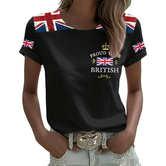 T Shirts for Women Great British Flag Print Short Sleeve Crew Neck Tops Summer Casual Stretch Comfy Loose Workout Basic Tees Z002-Black XXL